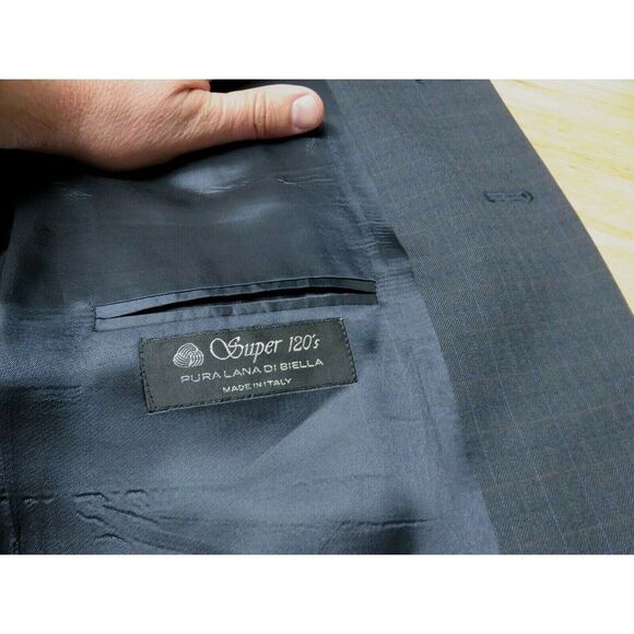 Mens Manzini Uomo 3 Button Suit Size 44R 33x29 Blue Check Super 120s Wool Italy - Picture 11 of 12